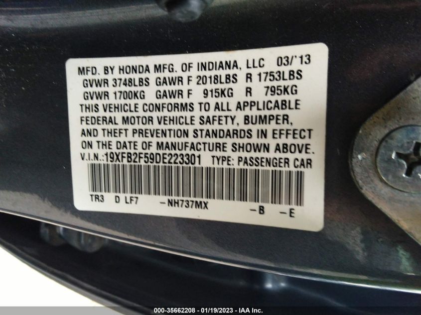 2013 HONDA CIVIC SDN LX 19XFB2F59DE223301