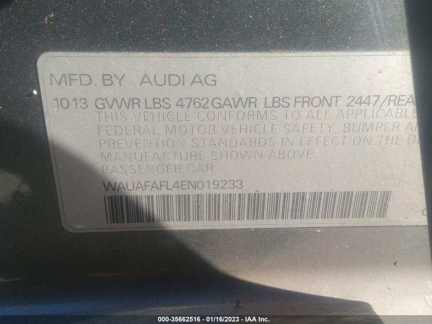 2014 AUDI A4 PREMIUM - WAUAFAFL4EN019233