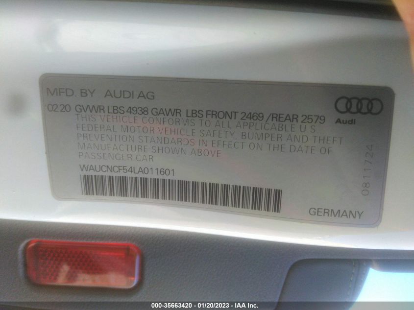 2020 AUDI A5 SPORTBACK PREMIUM PLUS - WAUCNCF54LA011601