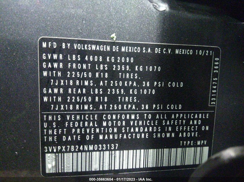 2022 VOLKSWAGEN TAOS SE - 3VVPX7B24NM033137