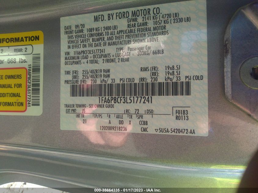 VIN 1FA6P8CF3L5177241 2020 FORD MUSTANG GT