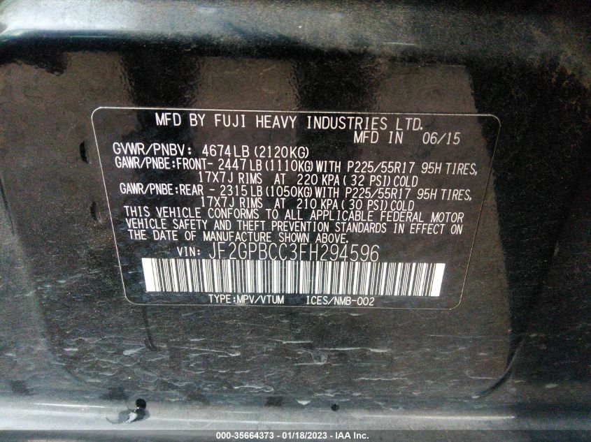 2015 SUBARU XV CROSSTREK HYBRID - JF2GPBCC3FH294596