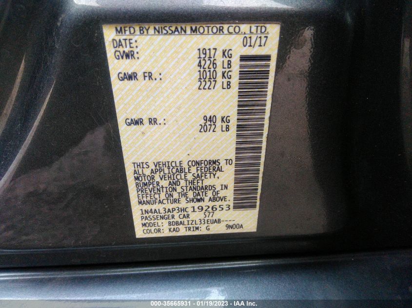 VIN 1N4AL3AP3HC192653 2017 NISSAN ALTIMA 2.5 SV