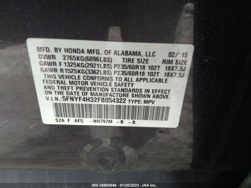 2015 HONDA PILOT SE 5FNYF4H32FB054322
