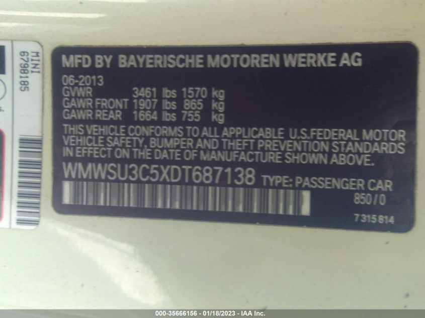 2013 MINI COOPER HARDTOP - WMWSU3C5XDT687138