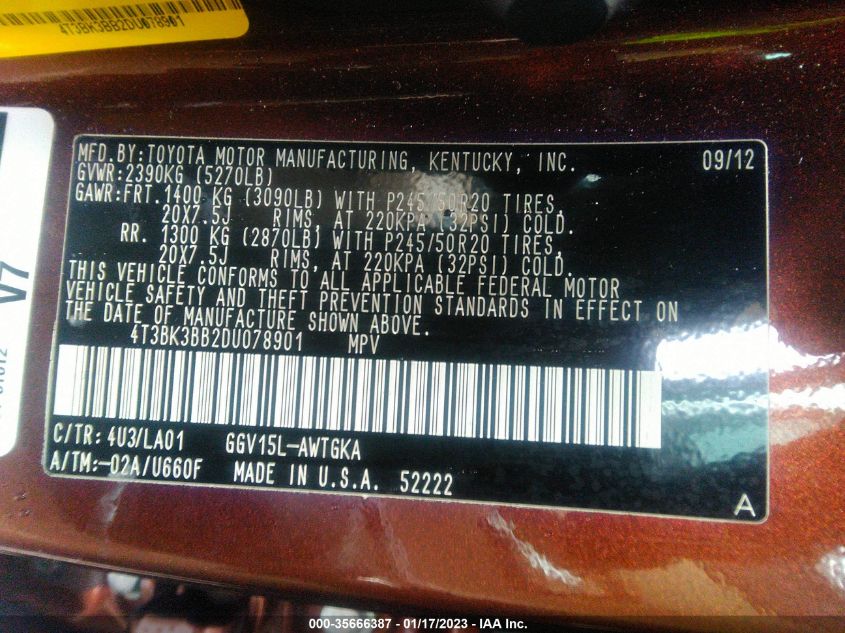 2013 TOYOTA VENZA LE/XLE/LIMITED 4T3BK3BB2DU078901