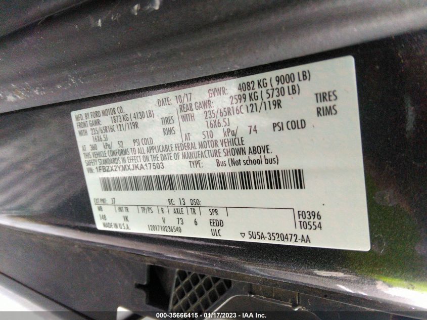 2018 FORD TRANSIT PASSENGER WAGON XL/XLT 1FBZX2YMXJKA17503