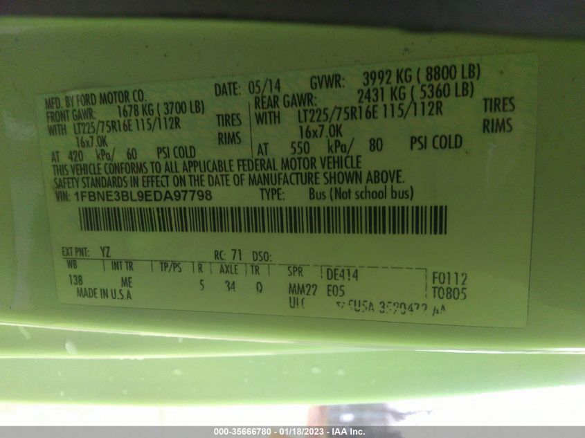 2014 FORD ECONOLINE WAGON XL/XLT 1FBNE3BL9EDA97798