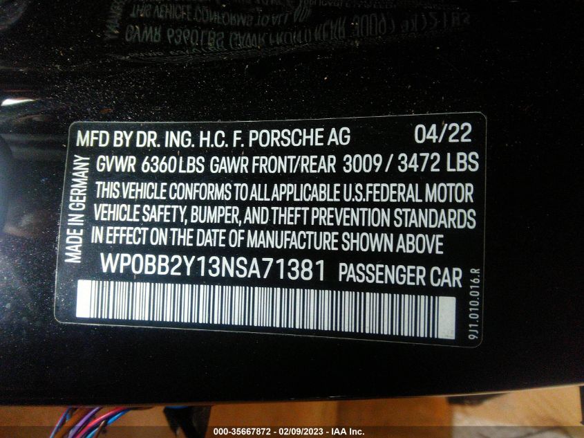 2022 PORSCHE TAYCAN 4S WP0BB2Y13NSA71381