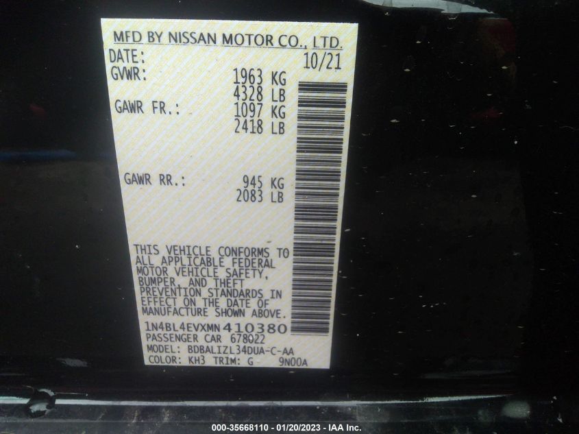 1N4BL4EVXMN410380 Nissan Altima 2.5 SL 8