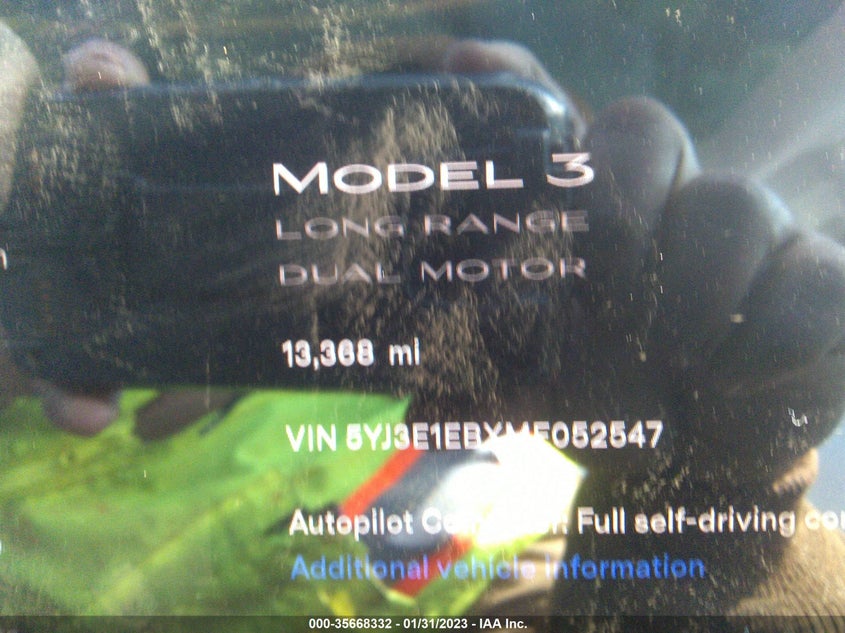 VIN 5YJ3E1EBXMF052547 2021 TESLA MODEL 3 LONG RANGE