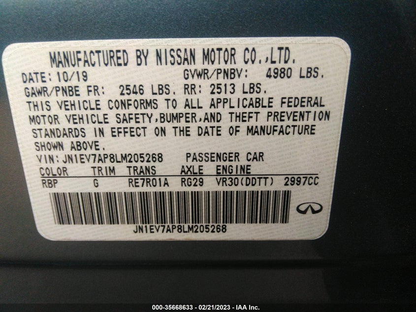 VIN JN1EV7AP8LM205268 2020 INFINITI Q50 3.0T LUXE