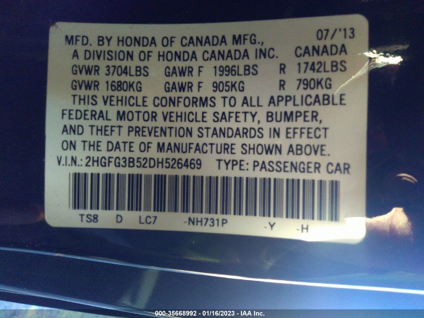 2013 HONDA CIVIC CPE LX 2HGFG3B52DH526469