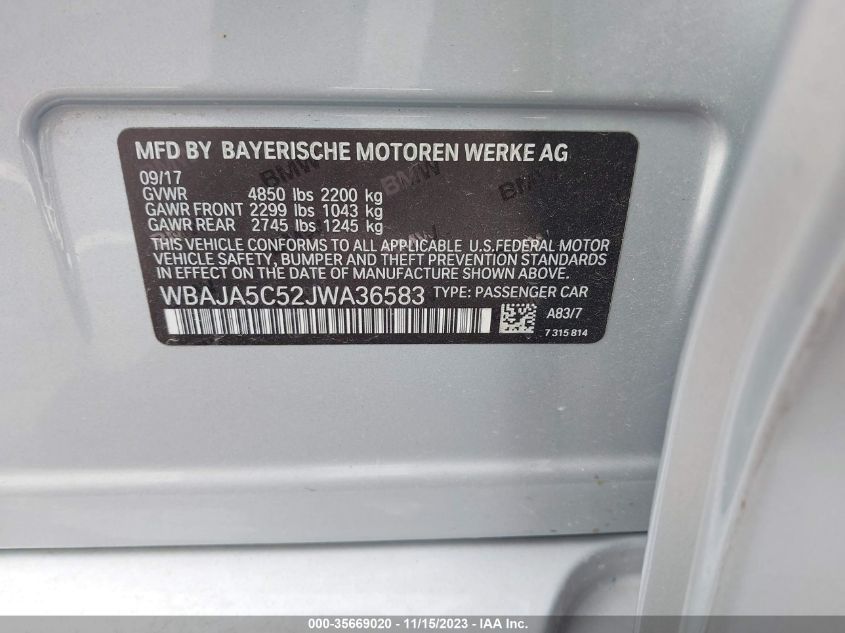 2018 BMW 530I WBAJA5C52JWA36583