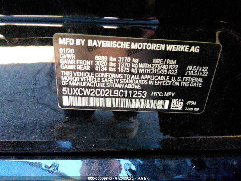 2020 BMW X7 XDRIVE40I 5UXCW2C02L9C11253