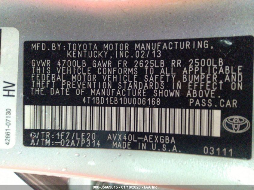 2013 TOYOTA AVALON HYBRID XLE PREMIUM 4T1BD1EB1DU006168