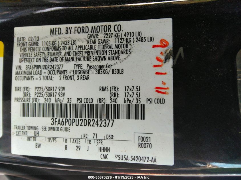 2013 FORD FUSION ENERGI SE LUXURY - 3FA6P0PU2DR242377