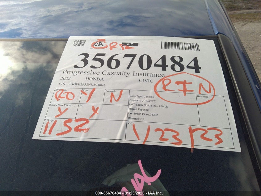 VIN 2HGFE2F52NH594864 2022 HONDA CIVIC SEDAN SPORT