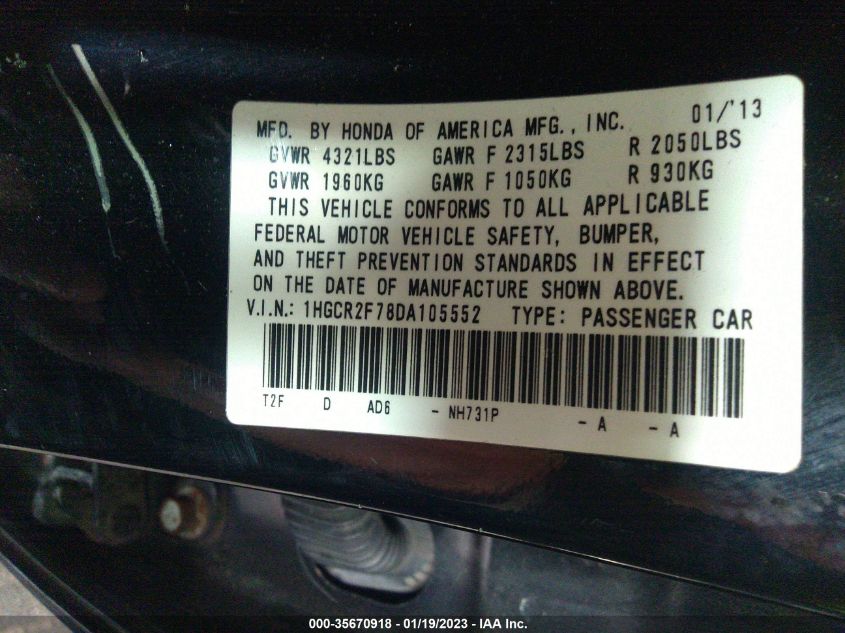 2013 HONDA ACCORD EX - 1HGCR2F78DA105552