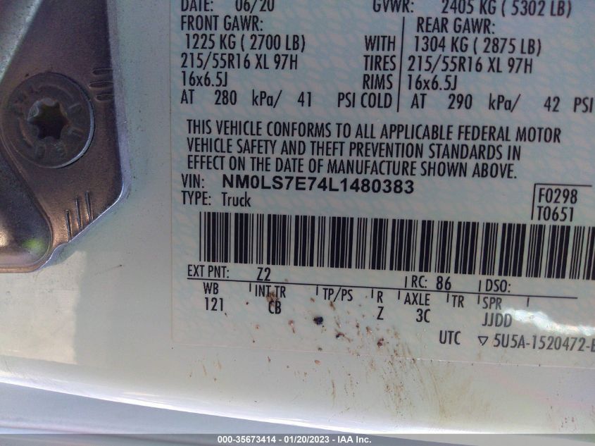 2020 FORD TRANSIT CONNECT VAN XL NM0LS7E74L1480383