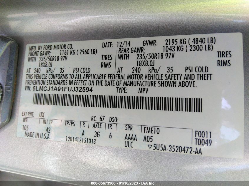 2015 LINCOLN MKC 5LMCJ1A91FUJ32594