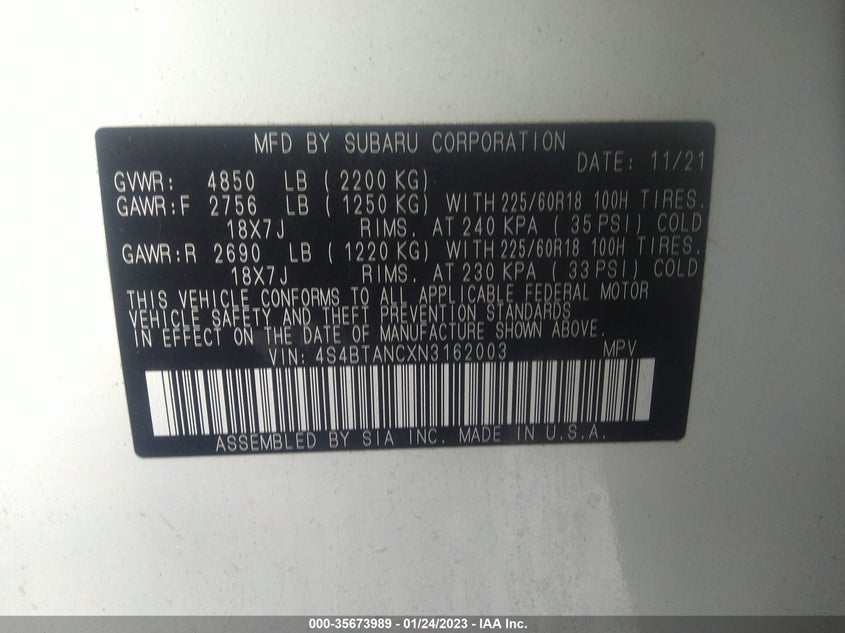 VIN 4S4BTANCXN3162003 2022 SUBARU OUTBACK LIMITED