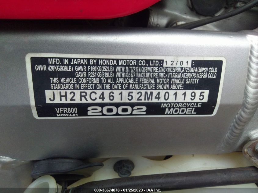 2002 HONDA VFR800 JH2RC46152M401195