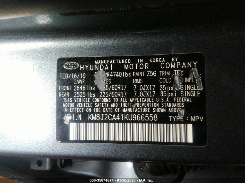 VIN KM8J2CA41KU966558 2019 HYUNDAI TUCSON no.9