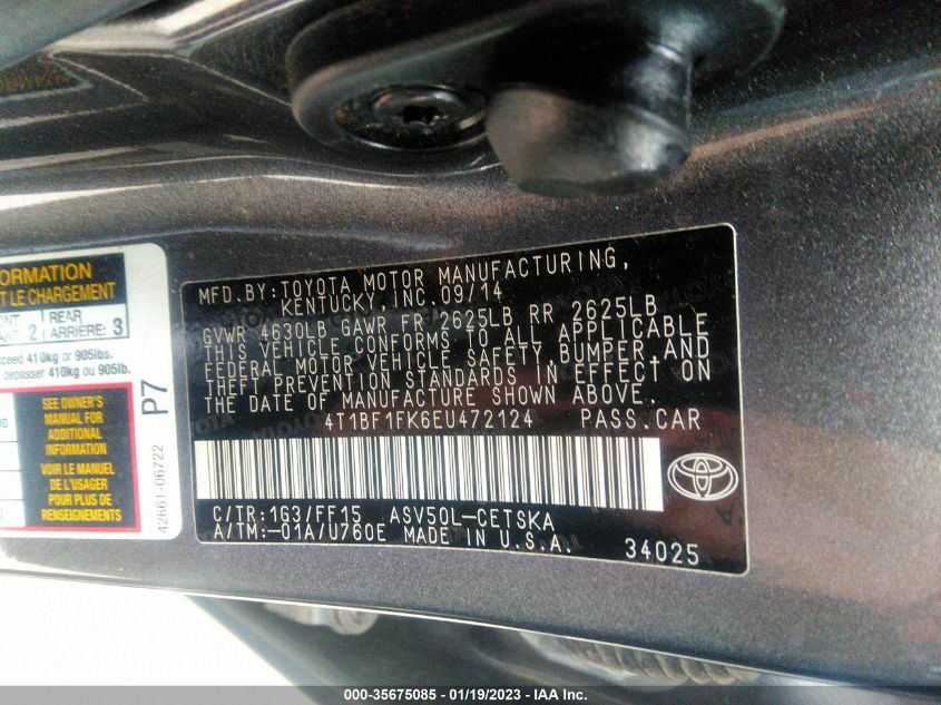 2014 TOYOTA CAMRY L/LE/XLE/SE/SE SPORT - 4T1BF1FK6EU472124