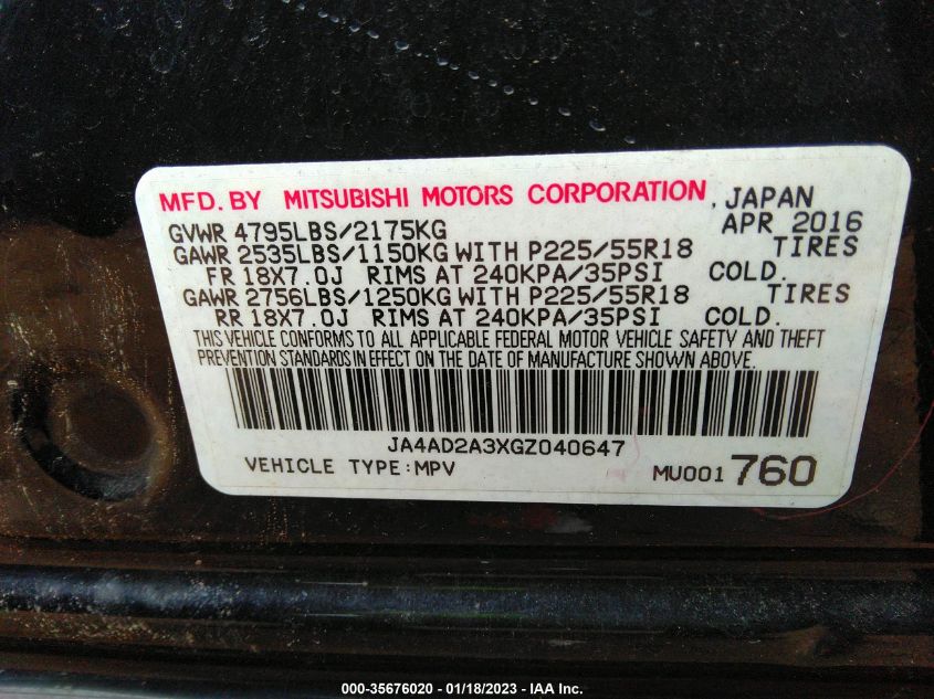 VIN JA4AD2A3XGZ040647 2016 MITSUBISHI OUTLANDER no.9