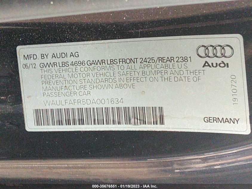 2013 AUDI A5 PREMIUM PLUS WAULFAFR5DA001634