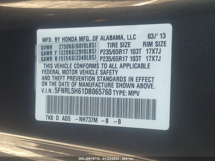 VIN 5FNRL5H61DB065760 2013 HONDA ODYSSEY no.9