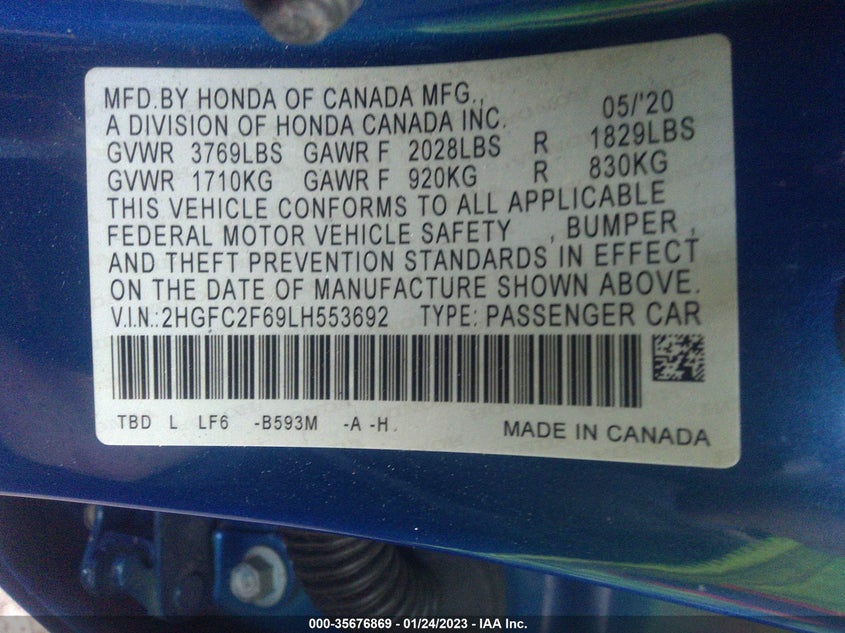 VIN 2HGFC2F69LH553692 2020 HONDA CIVIC SEDAN LX