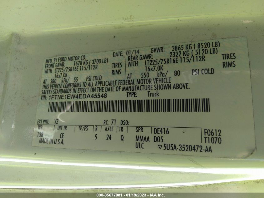 2014 FORD ECONOLINE CARGO VAN COMMERCIAL/RECREATIONAL 1FTNE1EW4EDA45548