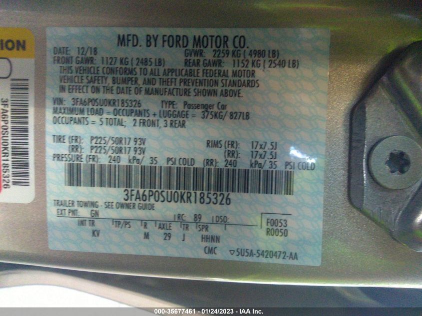 2019 FORD FUSION ENERGI TITANIUM - 3FA6P0SU0KR185326