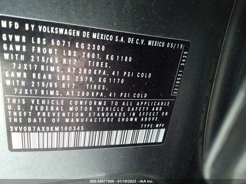 VIN 3VV0B7AX9KM160345 2019 VOLKSWAGEN TIGUAN S