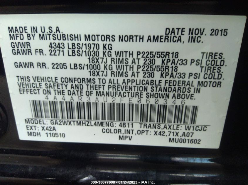 2015 MITSUBISHI OUTLANDER SPORT ES 4A4AR3AU2FE060346