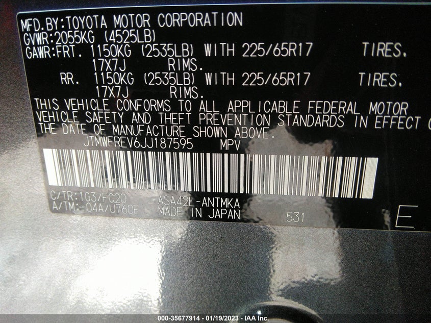 VIN JTMWFREV6JJ187595 2018 TOYOTA RAV4 XLE/ADVENTURE