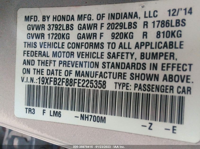 2015 HONDA CIVIC SEDAN EX 19XFB2F88FE225358