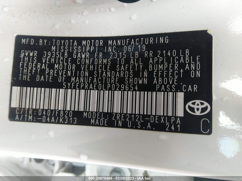 VIN 5YFEPRAE0LP029654 2020 TOYOTA COROLLA LE
