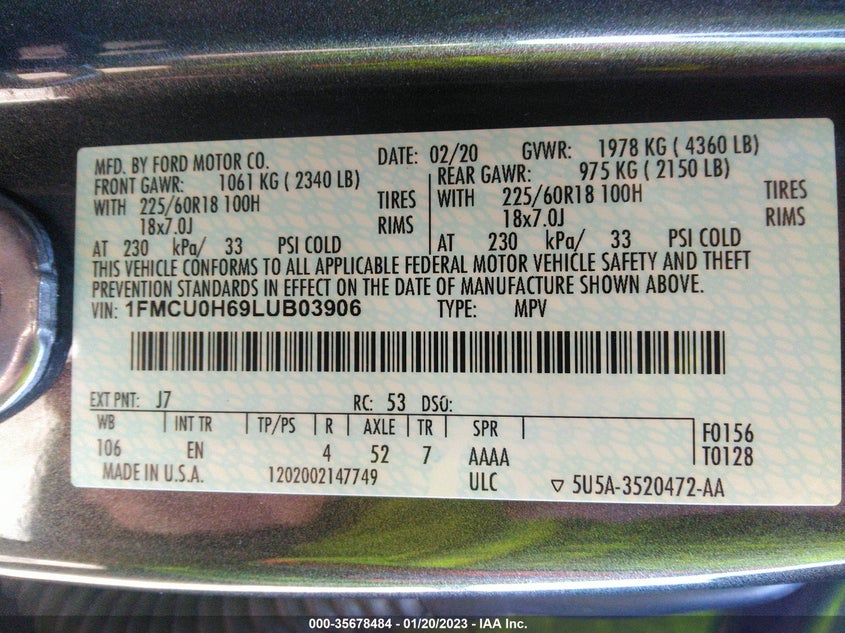 VIN 1FMCU0H69LUB03906 2020 FORD ESCAPE SEL