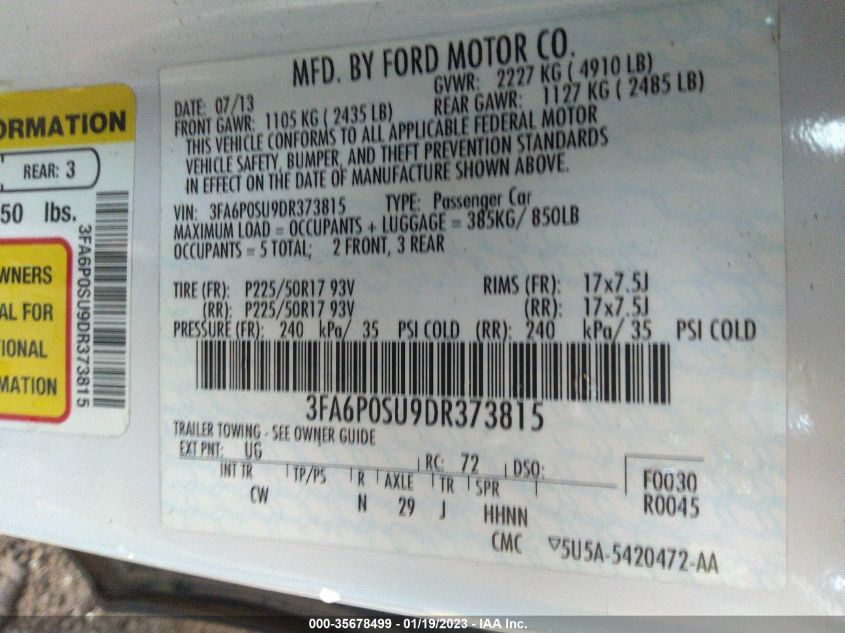 2013 FORD FUSION ENERGI TITANIUM 3FA6P0SU9DR373815