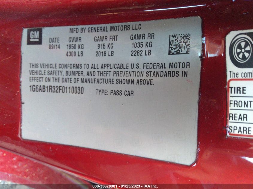 2015 CADILLAC ATS COUPE LUXURY RWD - 1G6AB1R32F0110030