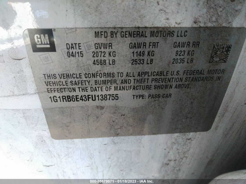 2015 CHEVROLET VOLT - 1G1RB6E43FU138755