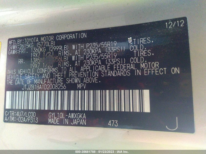 2013 LEXUS RX 450H JTJZB1BA1D2008256