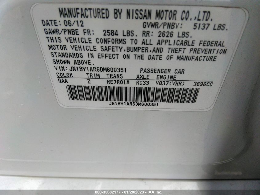2013 INFINITI M37 JN1BY1AR6DM600351