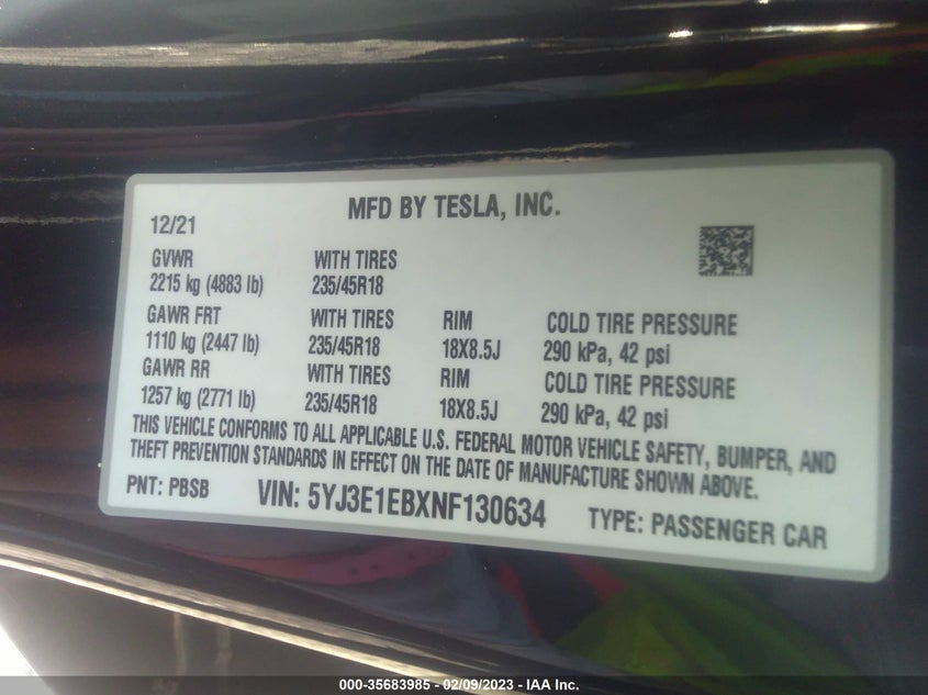 VIN 5YJ3E1EBXNF130634 2022 TESLA MODEL 3 LONG RANGE