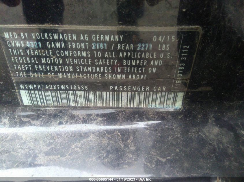 2015 VOLKSWAGEN E-GOLF SEL PREMIUM WVWPP7AUXFW910586