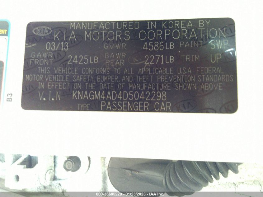 2013 KIA OPTIMA HYBRID LX - KNAGM4AD4D5042298