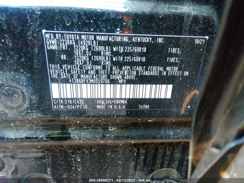 VIN 4T3B6RFV3MU059706 2021 TOYOTA RAV4 HYBRID